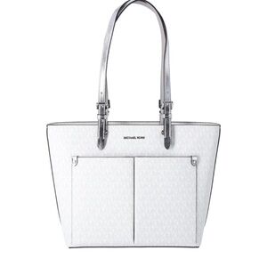 MICHAEL KORS JET SET TRAVEL MD DOUBLE POCKET TOTE SHOULDER BAG MK WHITE/SILVER